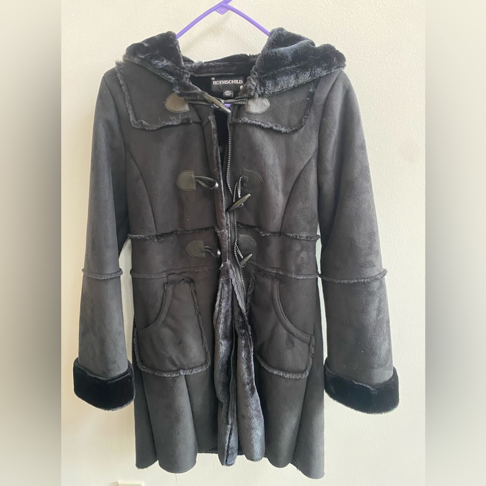 Rothschild Girls Black Faux Fur and Suede Hooded Dress-coat